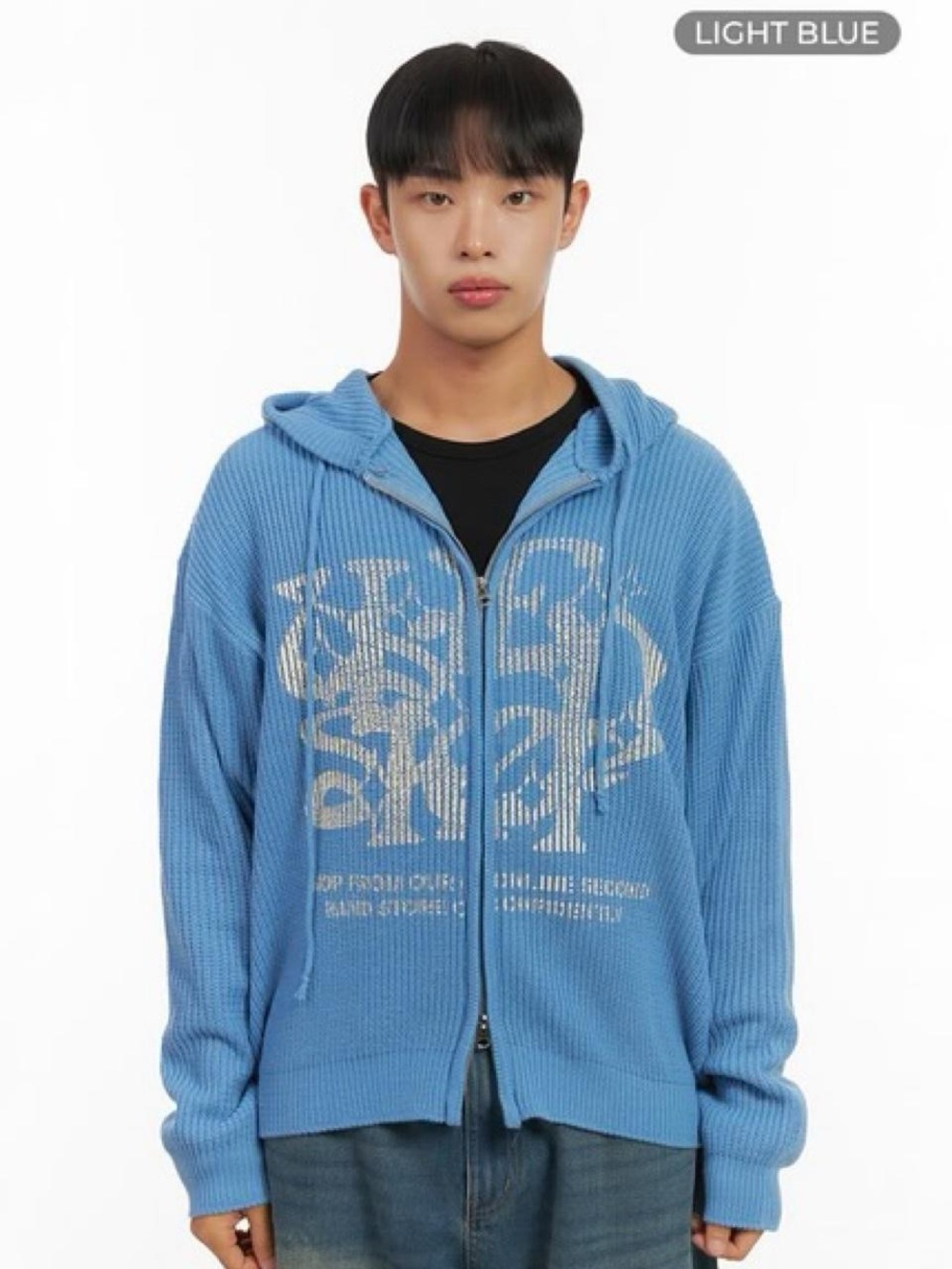 Lewkin Light Blue Zip-Up Hooded Ribbed Sweater with Subtle Graphic